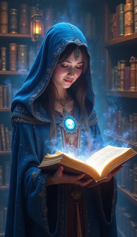   Animated image:A mystical librarian cloaked in starlight,holding a glowing book with a reflective mirror at its center.