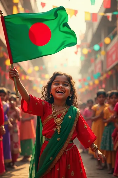 A girl celebrates Bangladesh Victory Day in a Bengali atmosphere with a Bangladeshi patak.