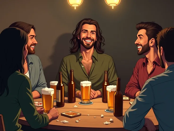 Long-haired man at a table surrounded by beer with friends 