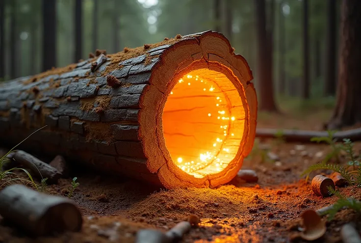 Photograph of a ten-story log, the size of a ten-story building, punched, hollow inside, with shining light, high-resolution brilliance.,  Masterpiece,  best quality ,  high definition model,  High Detail, Glow, Reflection,  God Ray , 