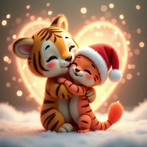 Cute brown tiger hugging shrimp Christmas hat heart love glitter