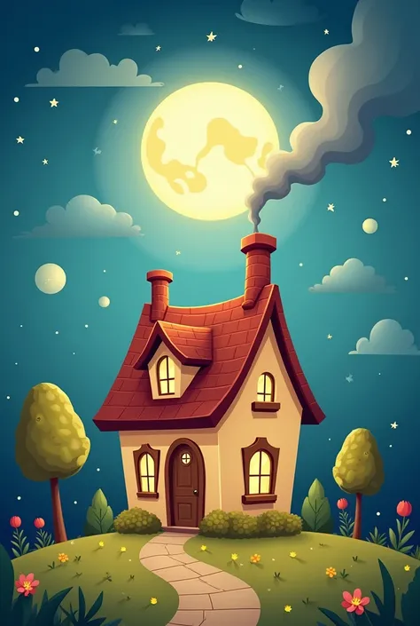 cartoon style, house with chimney with moon at the background, emphasize the chimney