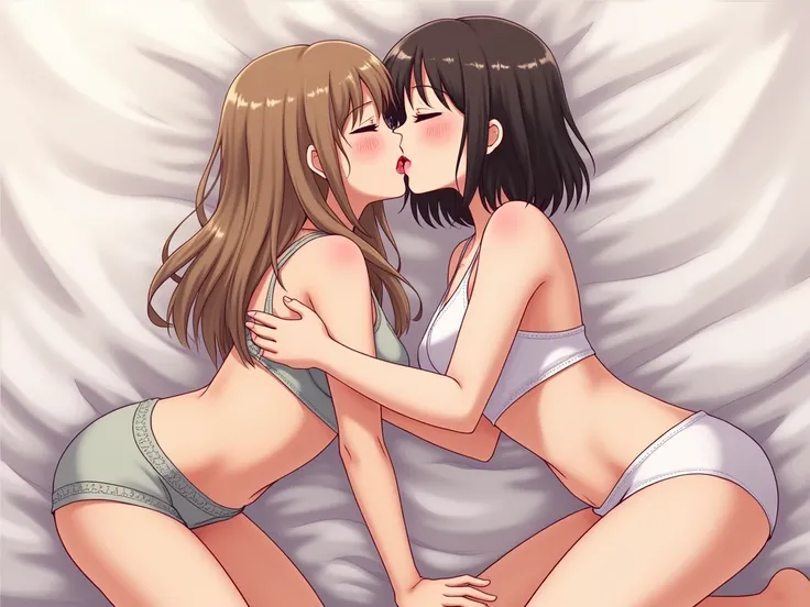 mother making out with daughter, lesbian,  anime, underwear, tongue kissing, 