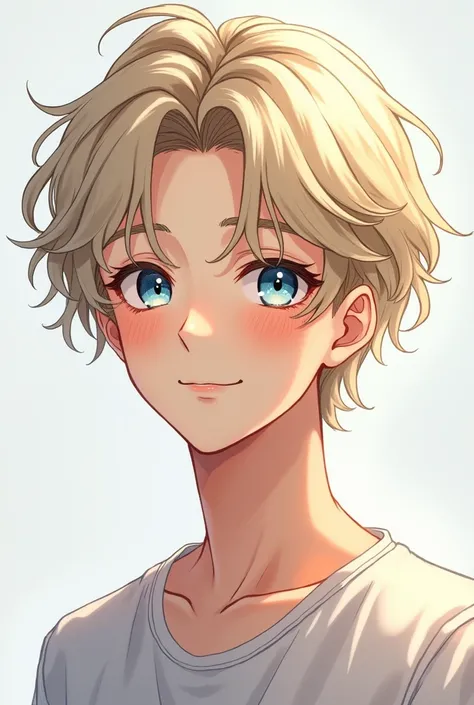 Anime, young man, pale blonde hair, 8K, soft blue eyes, big shiny eyes, attack on titan, bangs, wavy hair, blush, gentle smile, slender body, tall