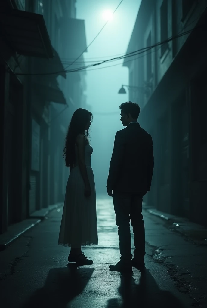 A woman in the distance with long hair and a man in front are back to back from afar   .  The atmosphere is very dark on this street but there is a path of light that connects the two 