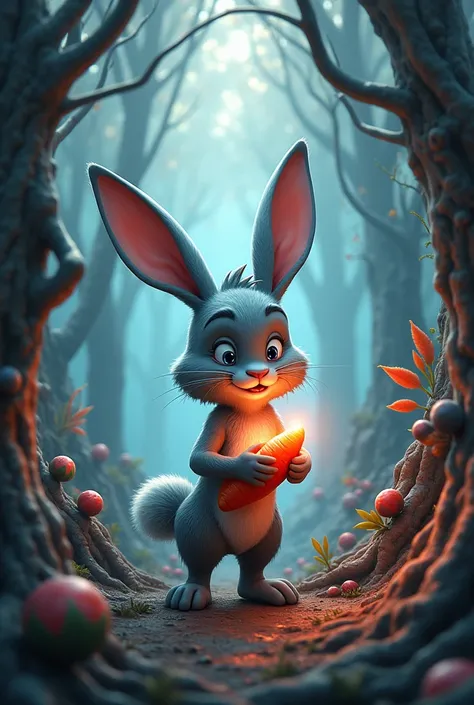  A GRAPHITE Bunny Boy , Monster Forest ,  shiny magic carrot , written background "PLAYBOY BINGO "  WITH COOL COLORS AND CONTRAST WITH VIBRANT COLORS