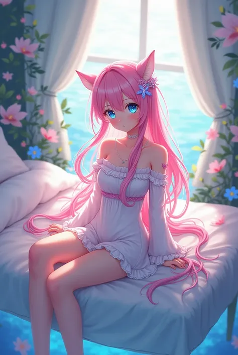 An anime girl with pink hair and blue eyes sitting on the bed, in anime fantasy style, fantasy art style, produced with an anime artist studio, anime fantasy illustrations, drawn in an anime artist studio, ethereal anime, beautiful fantasy anime, detailed ...