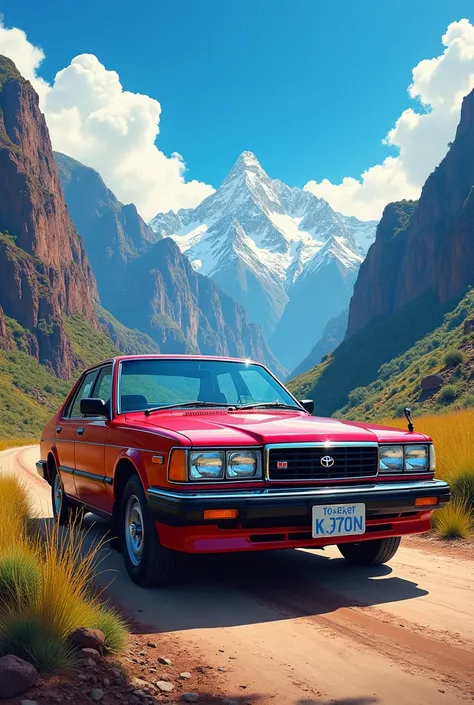 a painting with Peruvian landscape of a 1989 Toyota Mark II model car in HD
