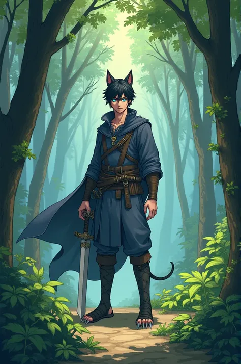 Personnage style animé fantaisie homme de 24 ans avec des oreille de tigre noire cheveux  courts noire yeux bleue pas trop musclée assez grands avec des griffes acérées tenant une épée en fer basique avec des vêtement basique sans armure apparente il est d...