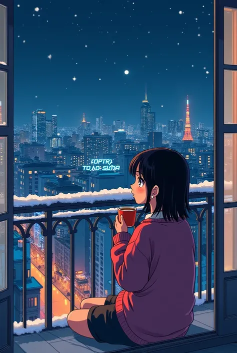 80&#39;s、comics、Balcony、Night view、girl、winter、Mug、cocoa、cute、Black Hair、Tokyo、80&#39;sアニメーション、