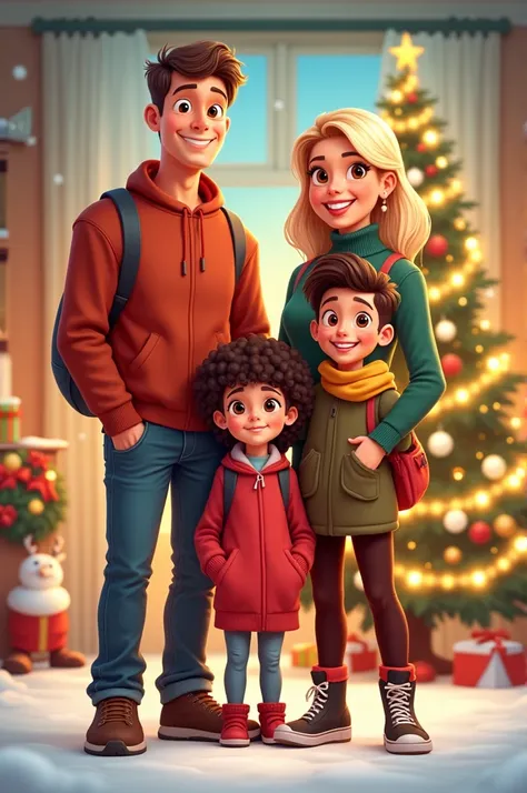 Family of 5 in a Christmas cartoon 
Fitness dad without a beard
Smooth black-haired mom
Little daughter with frizzy hair
Big son taller than parents 
Little son with short hair