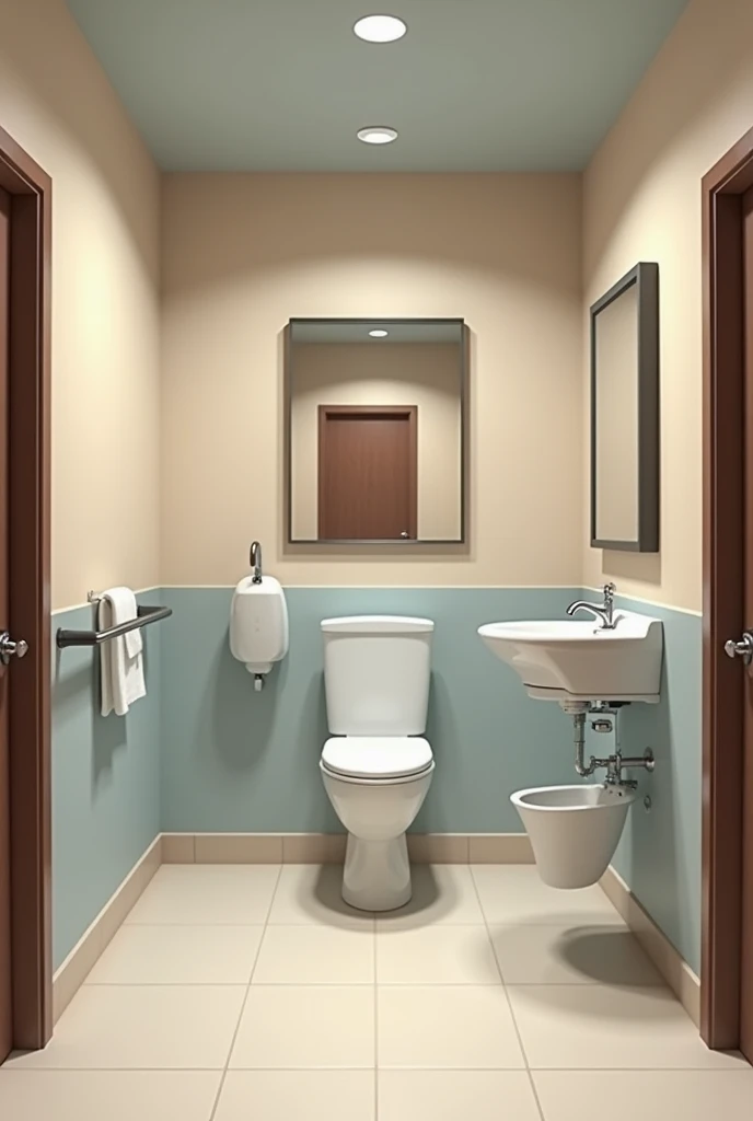  I want a bathroom for a physical therapy office with large dimensions for wheelchair access, walking sticks, walkers ,  in beige and light blue colors ,  and a sink ,  also soap dispensers a mirror at the height of a wheelchair and that extends to the cei...