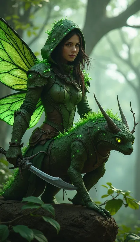 A daring fairy scout in stealthy, bark-textured armor streaked with glowing green vines, gripping a sleek dagger that hums with magical energy. She crouches atop a chameleon-like moth, its iridescent wings camouflaged against the glowing leaves of a massiv...