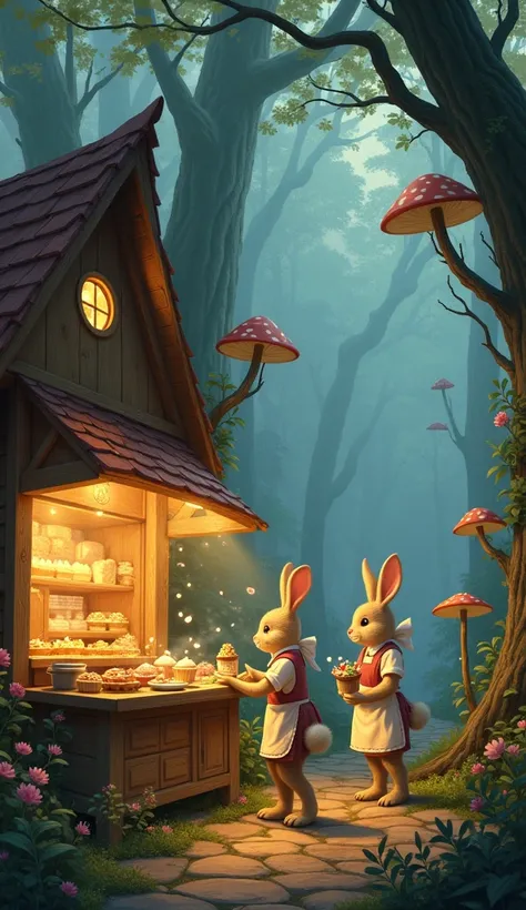 A cozy bakery nestled deep within an enchanted forest, surrounded by glowing mushrooms and ancient trees. Inside, anthropomorphic rabbits with soft fur and floppy ears wear aprons and headscarves, baking magical pastries that emit a faint glow. The story f...