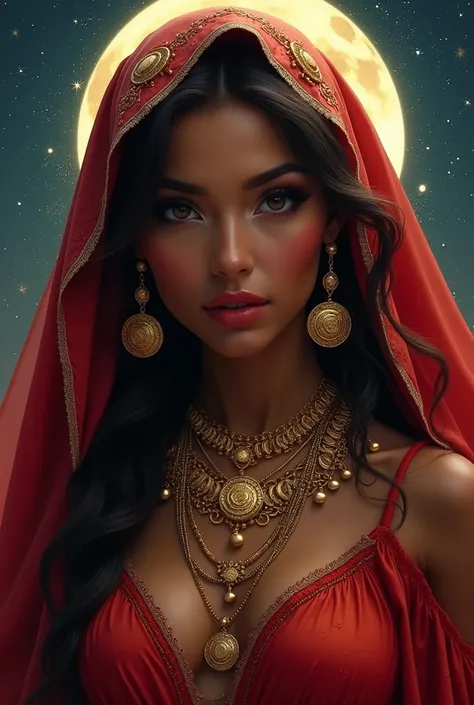  A gypsy woman with dark skin and long hair .  She wears a bright red veil with gold coins over her dark and long hair.   She also wears elaborate gold jewelry ,  including long earrings and a necklace .  Her expression is serene and her eyes are straight ...