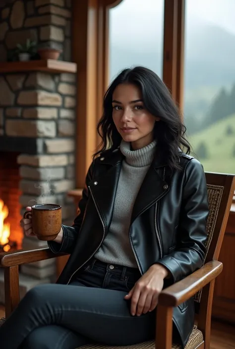 The woman is dressed in an elegant, black leather jacket layered over a light gray fitted sweater, with a turtleneck and dark skinny jeans. Her black hair is styled in loose waves that cascade down her shoulders. She sits comfortably in a vintage wooden ar...