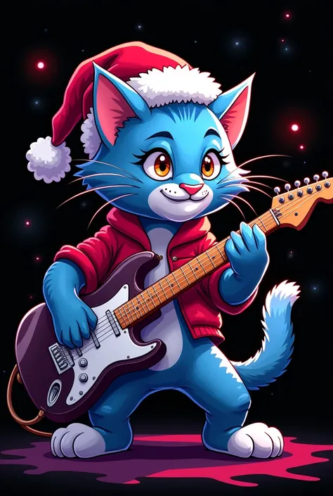 "A stunningly energetic little smiled and cat wearing a Santa hat Its color is like the sky, playing an electric guitar, set against a sleek black background. The cat is designed in a vibrant, high-energy 2025-style cartoon, with dynamic poses and sharp, b...