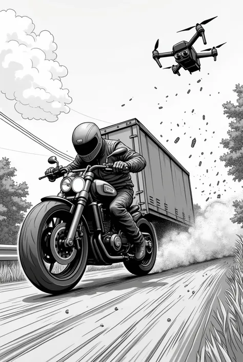  Im doing a storyboard and I need to recreate the images with the following but in manga:The motorcycle glides under a truck while bullets from the drone bounce off the road.  in black and white anime style 