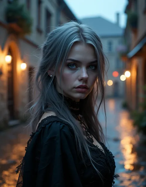 Dark Fantasy Gothic Vamp: In a trendy close-up photo reminiscent of a dark fantasy scene, a charming vampire girl embraces a gothic aesthetic. Her gray hair is blowing in the wind against the backdrop of a medieval stone town illuminated at dusk. the dark ...