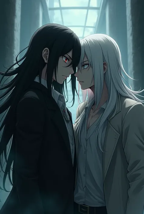 pale man, with long and black hair,  with red eyes .  next to a man with long white hair,  with blue eyes. versão anime attack on Titan.