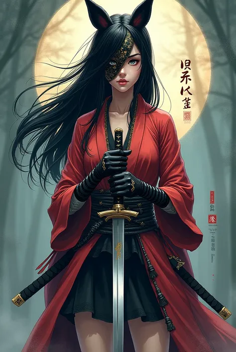 create art in the anime style of a samurai girl wearing a broken Kitsune mask, holding a katana blade in which half of her face is reflected