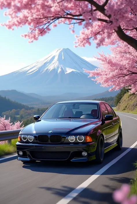 Black BMW e39 M5 on the road near a sakura tree under Mount Fuji 