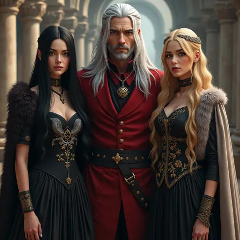  Targaryen mens long silver hair behind two women who are held by the shoulder ,  white skin , Red suit and embroidered black dragons. una de ellas es de cabello negro largo lacio de  white skin  con un vestido negro con un par de lobos grises tejidos en e...