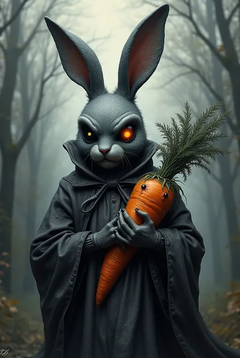  A graffiti with the word  "PLAYBOY BINGO , Magic style, Dark background,  MONSTER RABBIT CHARACTER ,  DECORATED WITH HAUNTED CARROT, SHADOW COLORS , black cores, White, clouds, fog 