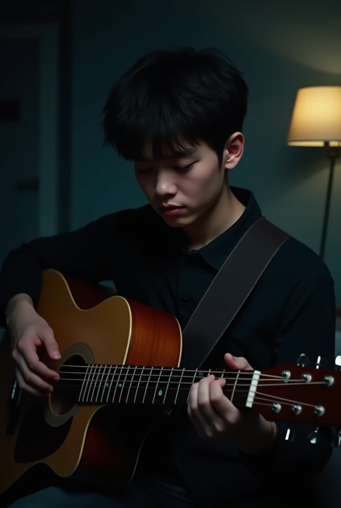 The face of a 23-year-old so playing guitar in the dark