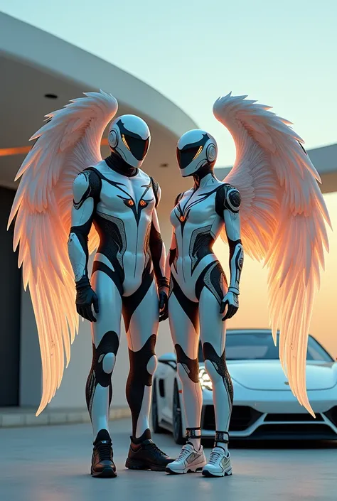 A man and woman cyberpunk With helmets and wings of angels couple with a house and luxury Porsche 