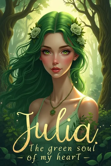  Create an image. For the cover of my poem .  With this name on the front of the cover  **"julia, The Green Soul of My Heart"** With a romantic theme and extremely attractive put your name on the title cover