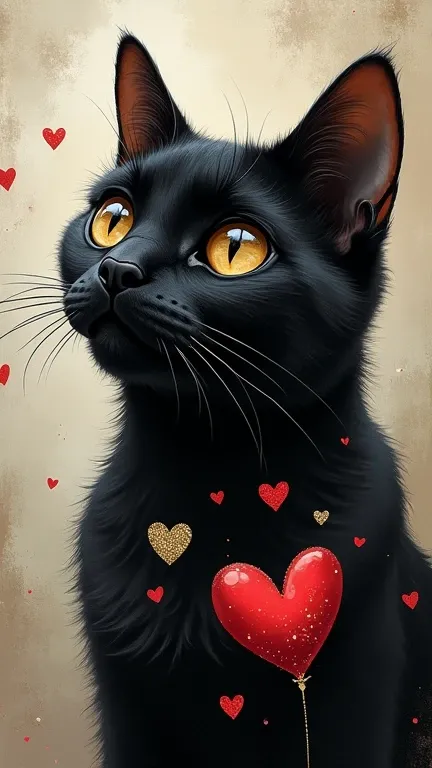 Black Cat　 glitter　 big eyes on left jaw　love affair　heart