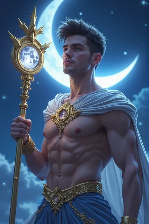 Sailor Moon as a gay man  ,  is half naked with his moon scepter and the silver crystal .