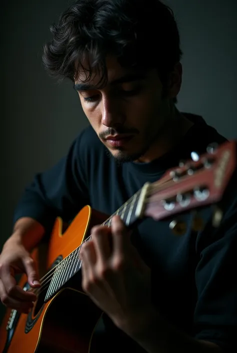 THE FACE OF A 23-YEAR-OLD IRANIAN PAZ PLAYING GUITAR IN THE DARK