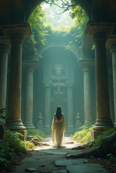 the techno-magical world ,  of a mysterious ,  sanctuary surrounded by ruins and statues ,  roof covered with moss .  You open your eyes and find yourself in the center of a spacious room,  where soft light pours through the walls of a dilapidated temple ....