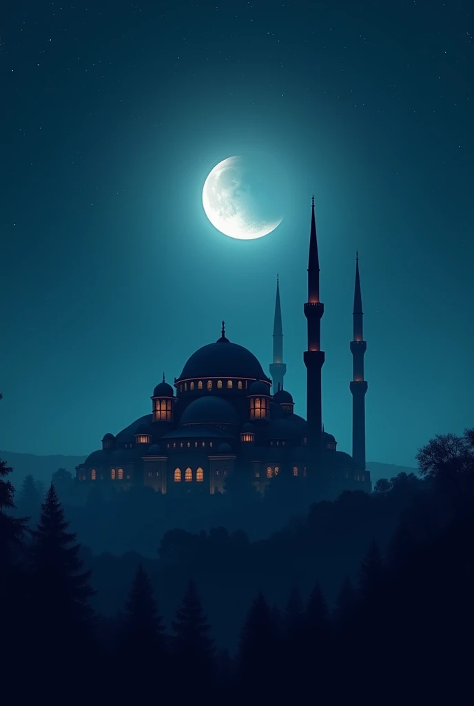 A tiny moon behind the Beautiful landscape shape mosque and the  and the time is night 