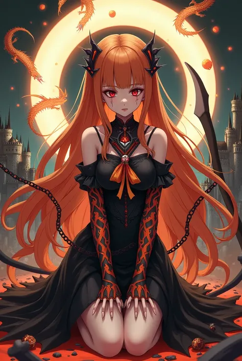   anime with long orange hair ,  with torn fish gloves ,  with red eyes ,  crying black tears ,  with a beautiful long black dress with various orange effects,  magic background with castles and dragons , kneeling,  and circular magic around you , with cha...