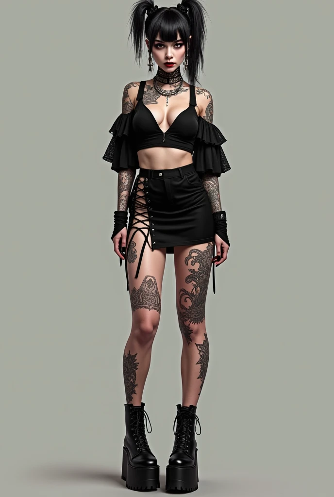 Woman. Appearance: Glasses, lip piercing, right brow piercing, arms tattoo, legs tattoo, back tattoo, neck tattoo, long black nails
Clothes: Black mini dress with a butterfly sleeves, a plunging neckline and side cut-out details, with a slighty flared skir...