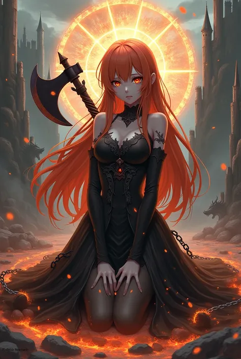   anime with long orange hair ,  with torn fish gloves ,  with red eyes , strong gray skin color, crying black tears ,  with a beautiful long black dress with various orange effects,  magic background with castles and dragons , kneeling,  and circular magi...