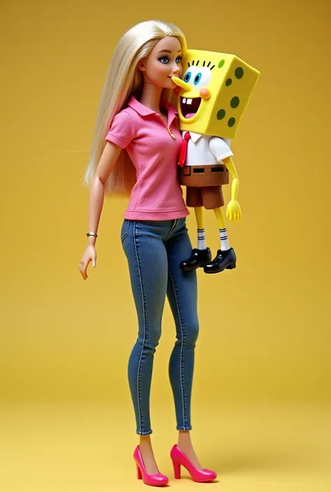 Full Body Photo. 8K HD Image. Barbie carried and kissed Spongebob Squarepants on the lips. Barbie is wearing pink polo, pink high heels, and skinny blue jeans. Spongebob Squarepants is wearing his original clothes in the Spongebob Squarepants series. Full ...