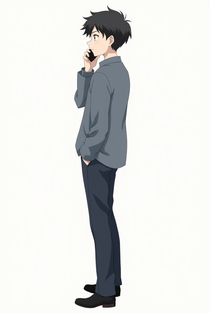 Create an anime boy from the perspective of standing behind, On white background. That he has black hair

Do it again but standing still and make it look full body

Now do the same character but talking on the phone 