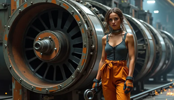 "A resourceful starship mechanic stands confidently next to a massive engine core, her jumpsuit tied at the waist revealing a fitted tank top that highlights her chest. Her toned legs are visible as she leans casually against her tool kit, a glowing wrench...