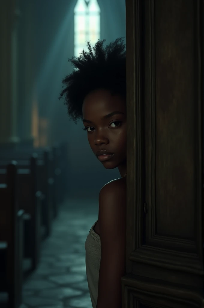 A dimly lit church interior, shadows dancing on the walls, with a young woman peeking through a slightly open door, her expression a mix of curiosity and fear.An African lady 