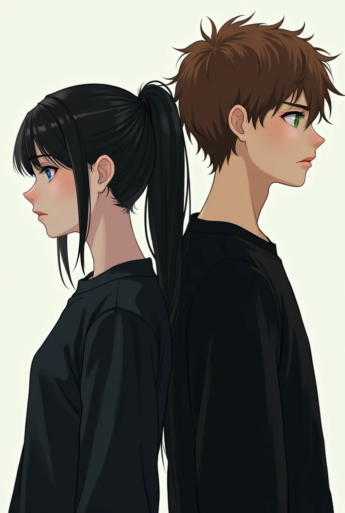 Two teenagers a boy and a girl ,  the girl with the black and long hair tied together blue eyes and black clothes,  the brown-haired boy green eyes wearing black clothes . They are serious and with their backs to each other the girl on the left and the boy...