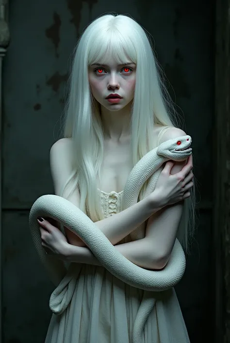 Albino Girl,  red eyes ,  long white hair ,  arm bent and wearing a white snake with red eyes, Gothic background, clothes gothic dress 