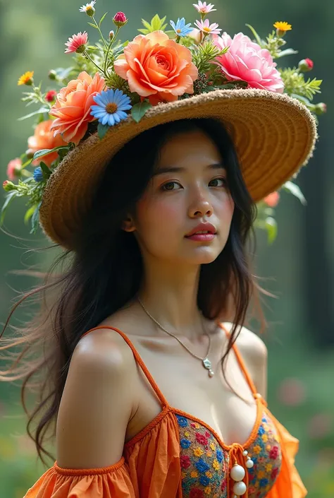 a 25 year old woman with long hair wearing a bouquet hat dressed in colorful