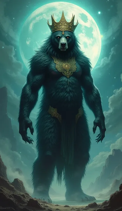  full-body anthropomorphic New Age God, using crown, black skin, homem urso polar, planeta Urano