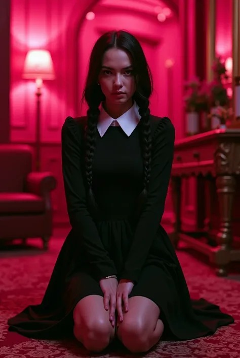 Jenna Ortega with Wednesday Addams hair style kneeling on her back with a red pink interior in a room