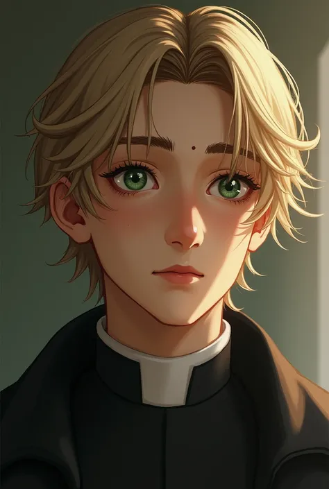 A young male priest with blond hair and brown roots. Green eyes. Smooth skin and light freckles. Light skin. Shoulder-length hair with a parting. Slim silhouette. Slightly dark circles under the eyes. Mole under the right eye and on the left side below the...