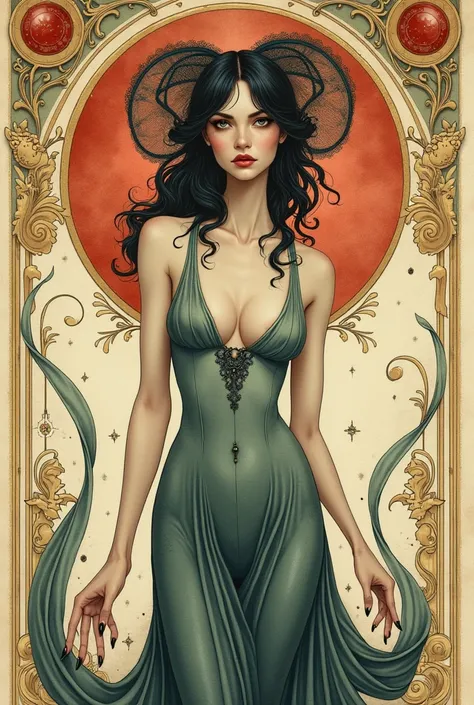 An art nouveau style watercolor image of a slender woman. Goddess of bad luck. Wicked. Druillet style. Enki Bilal. Mesmerizing look. Ornamental parchment background. 